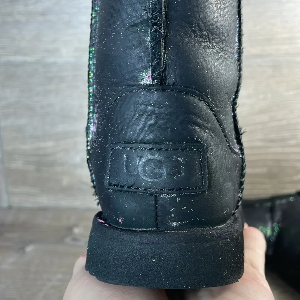 Ugg Kids Classic II Black Leather Sparkly Glitter Toddler Girl Sz 10 Winter Boot